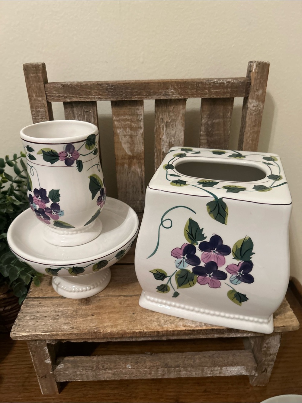 Waverly Sweet Garden Room Violets Ceramic Bathroom Tissue Box, Cup and Pedestal